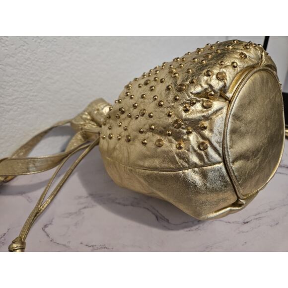 Viva Of California Gold Leather Studded Tassels Vintage Bucket Handbag 11x10x5 - Picture 12 of 14